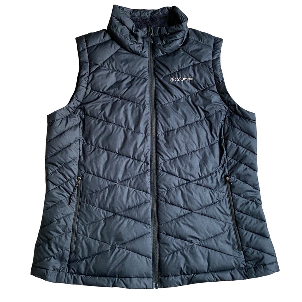 Columbia Women's XL Puffer Vest Black Full Zip Quilted Omni-Heat Insulated